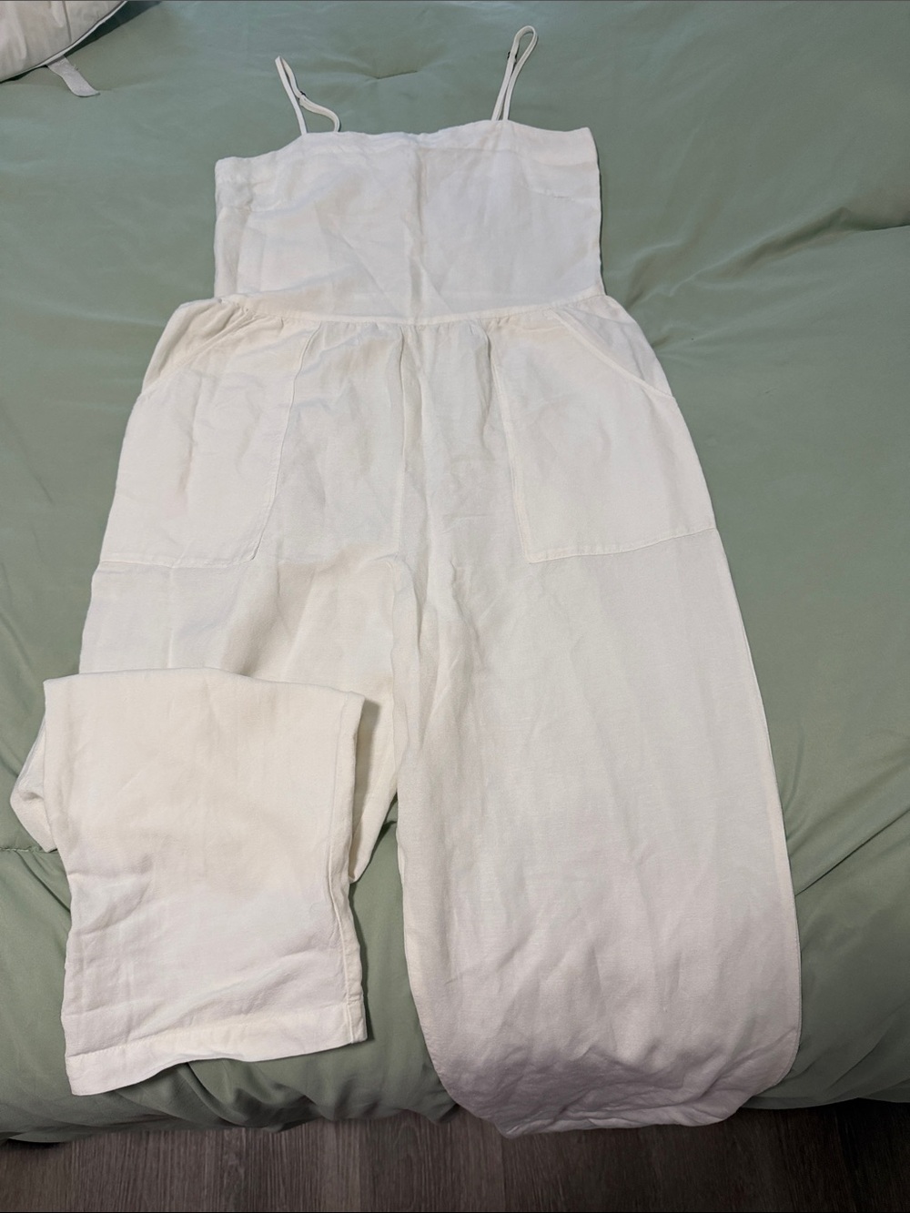 On The Road White Linen Spaghetti-Strap Jumpsuit with Patch Pockets